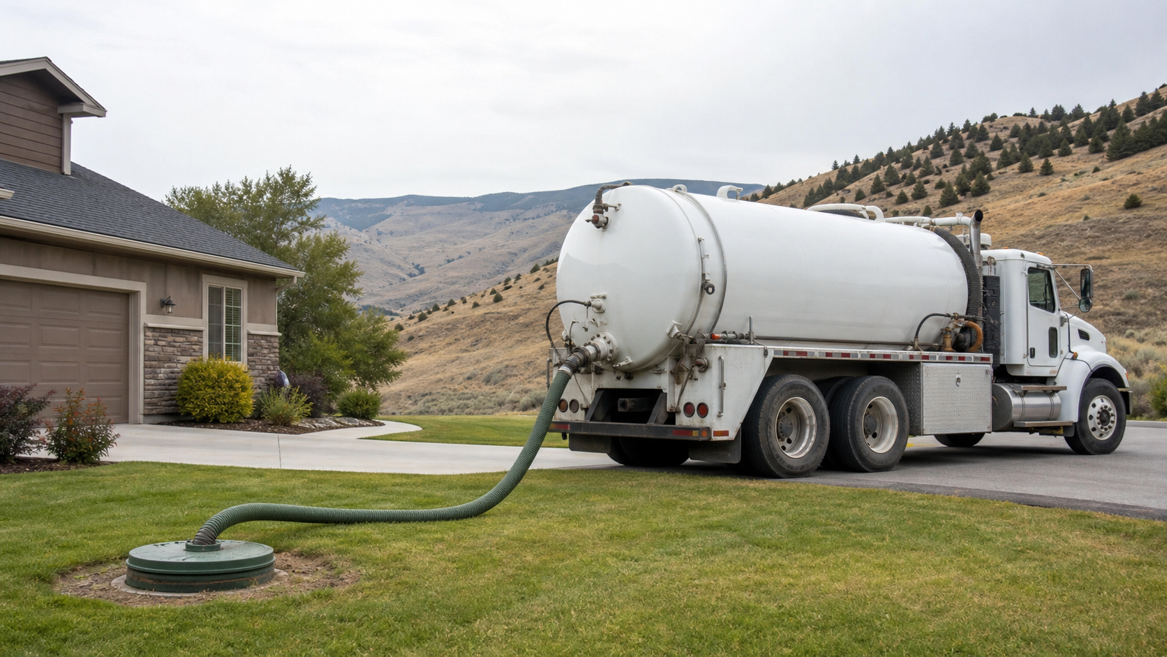 Unbranded septic service hose set up at a closed residential tank access
