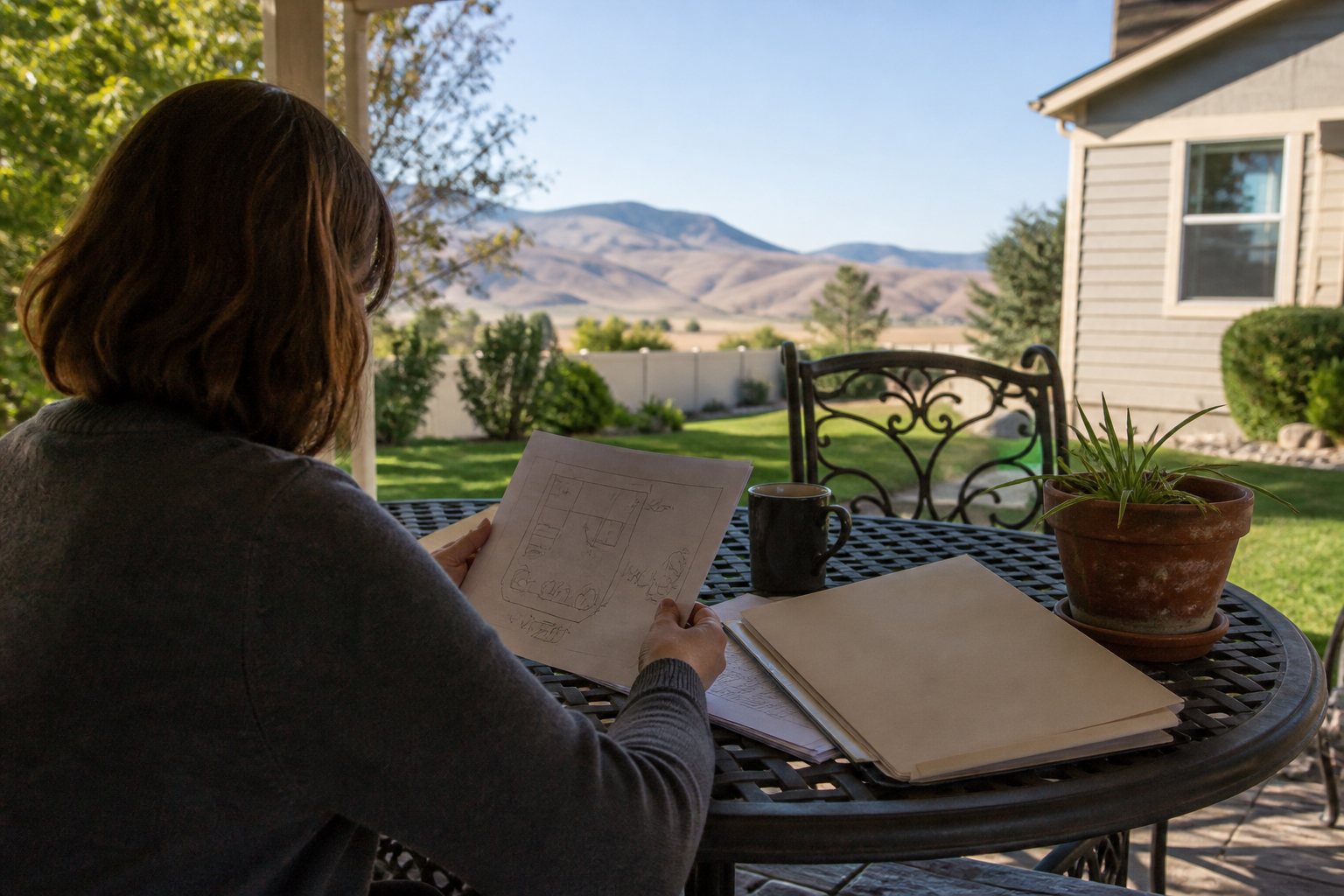 Homeowner reviewing an unreadable property sketch and records outdoors