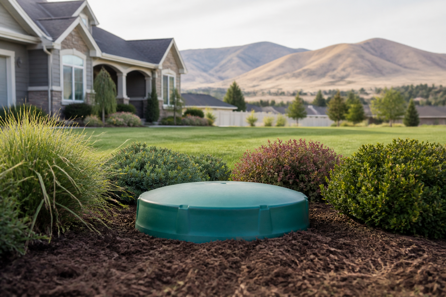 Closed ground-level septic riser in a maintained residential yard