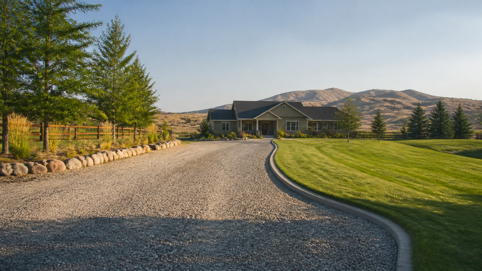Maintained rural driveway approaching a southeastern Idaho home